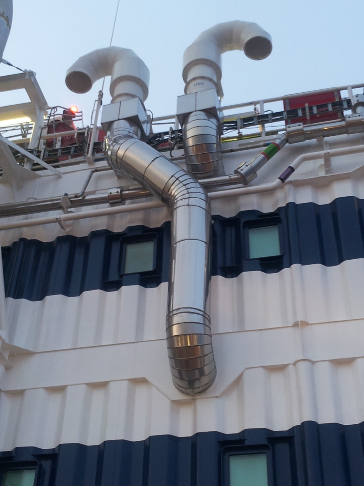 Marine HVAC piping and ductwork on the hull